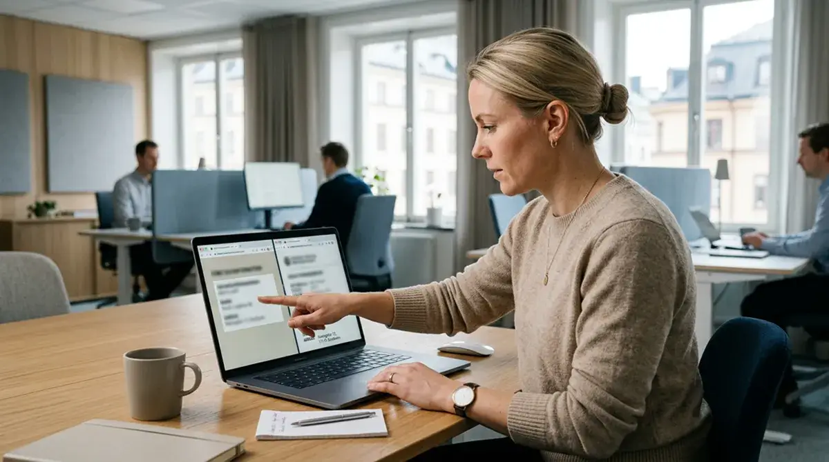 Person som jämför uppgifter mot ett officiellt register på en dator
